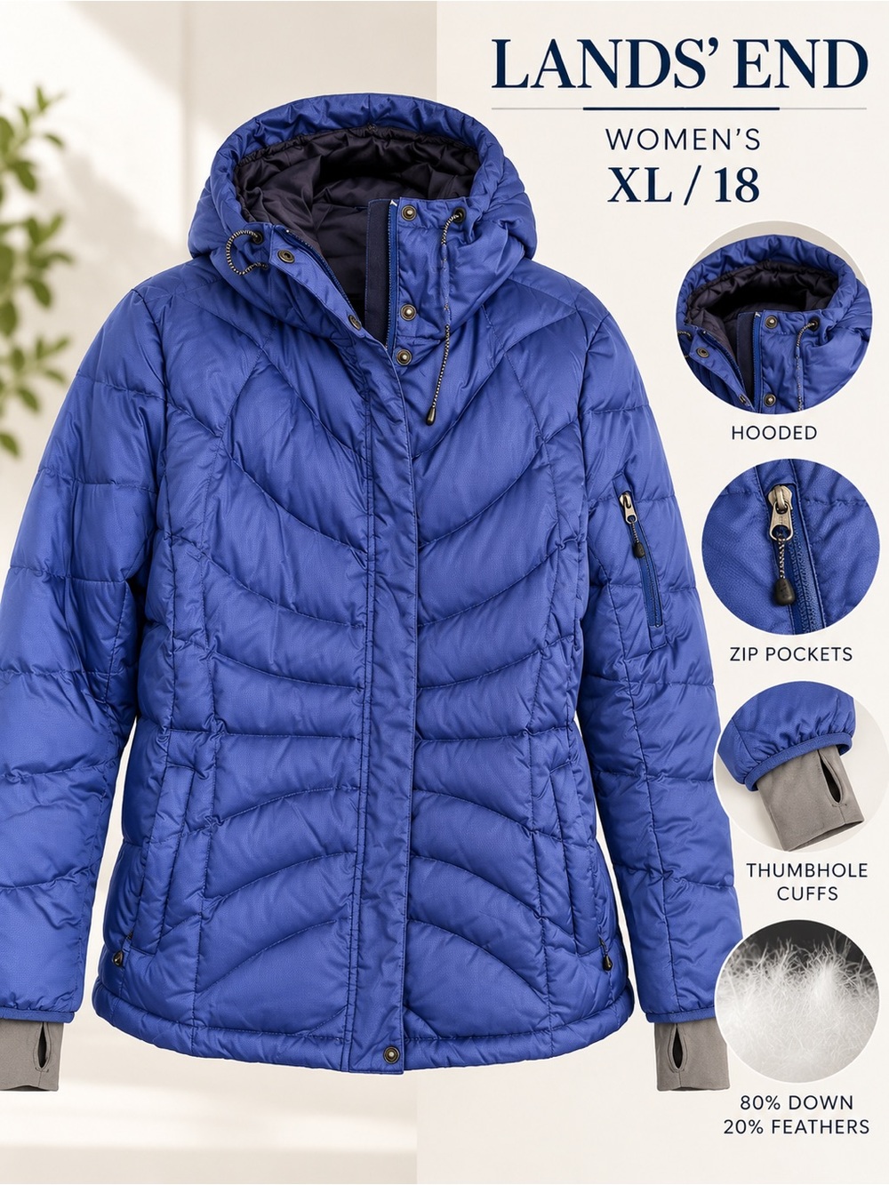 Lands’ End Women’s XL 18 Blue Down Puffer Jacket Hooded Winter Coat